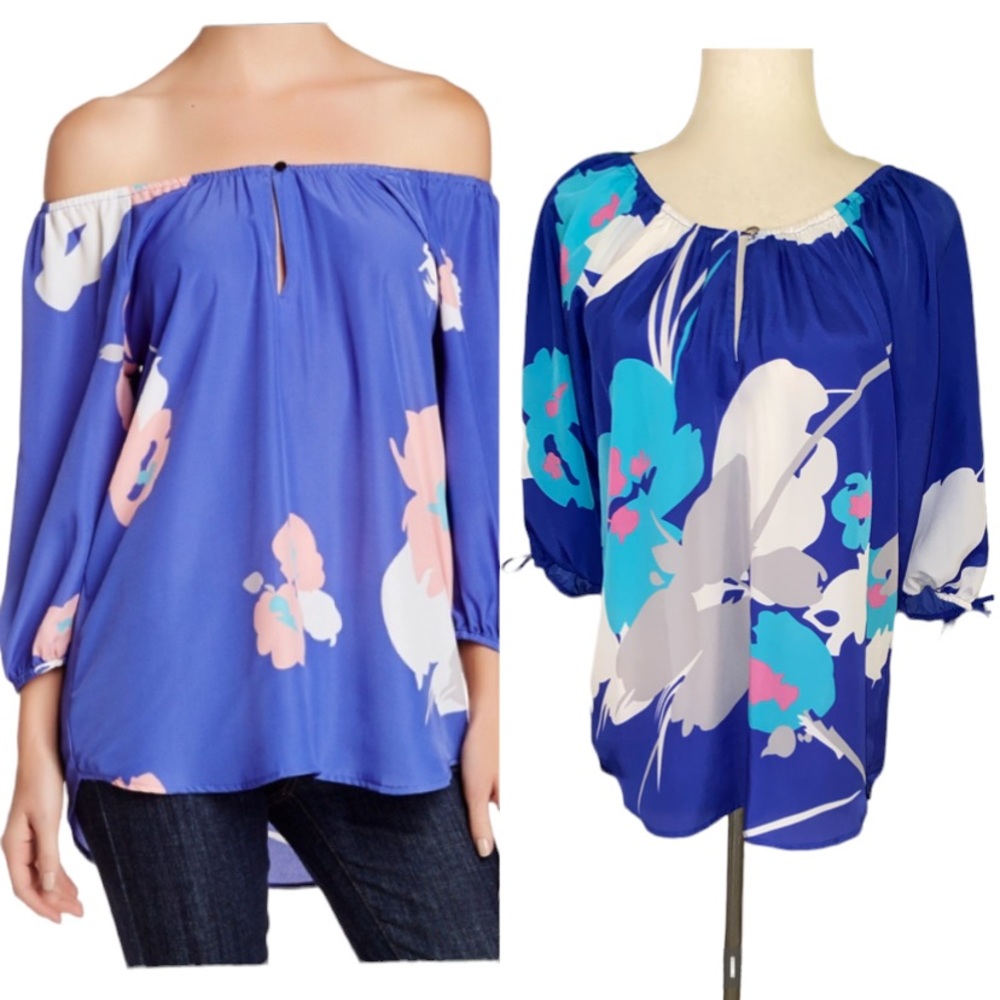 Yumi Kim Royal & Aqua Blue Floral Off Shoulder Tie Sleeve Top - S